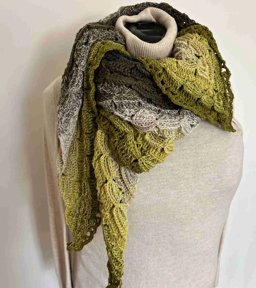 Háčkovaný šátek žlutozelená béžová tmavá