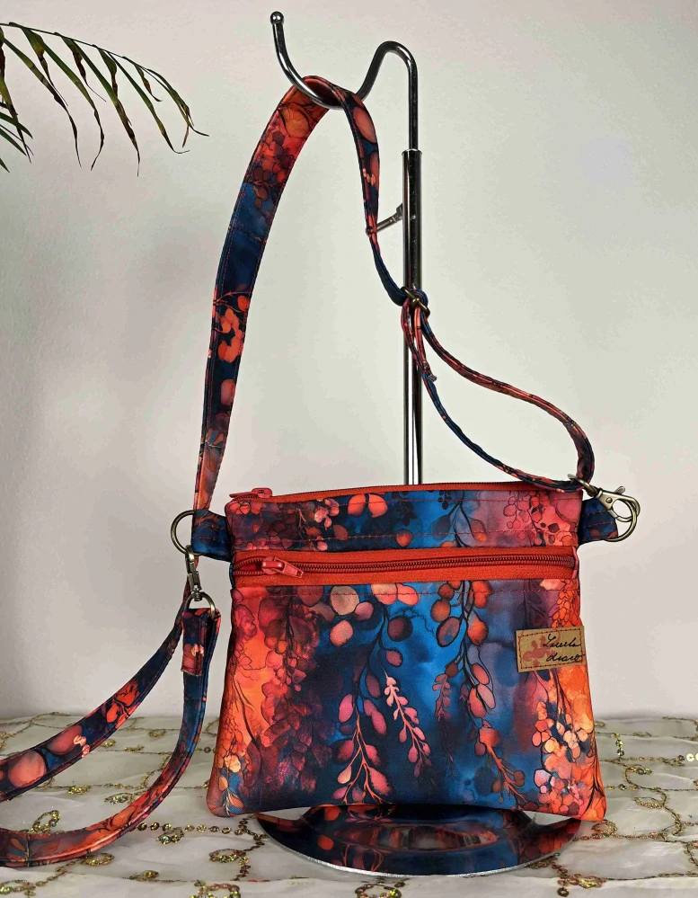 Malá kabelka crossbody "Maličká" listy modrá oranžová