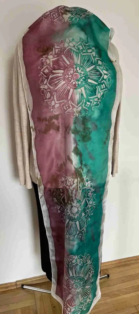 Hedvábný šál Mandaly smaragdová purpurová