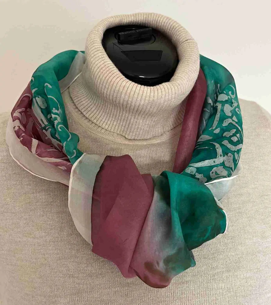 Hedvábný šál Mandaly smaragdová purpurová