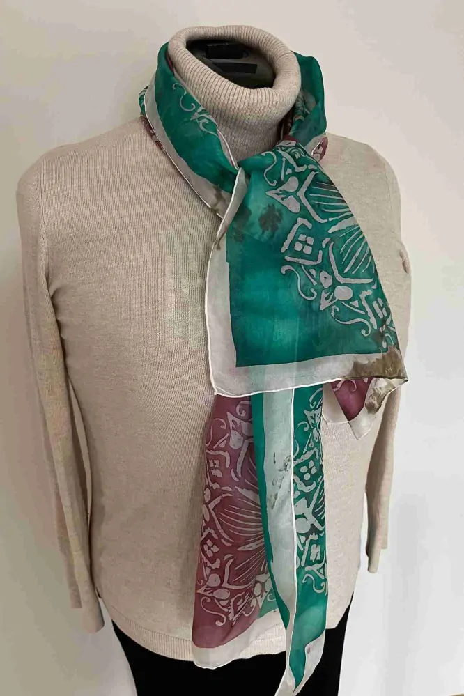 Hedvábný šál Mandaly smaragdová purpurová