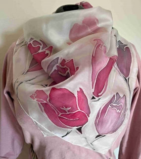 Šátek tulipány v růžové a šedé