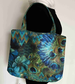 taška velká květy a paví pera v modré